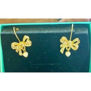 Vintage gold tone Bow crystal & pearl earrings